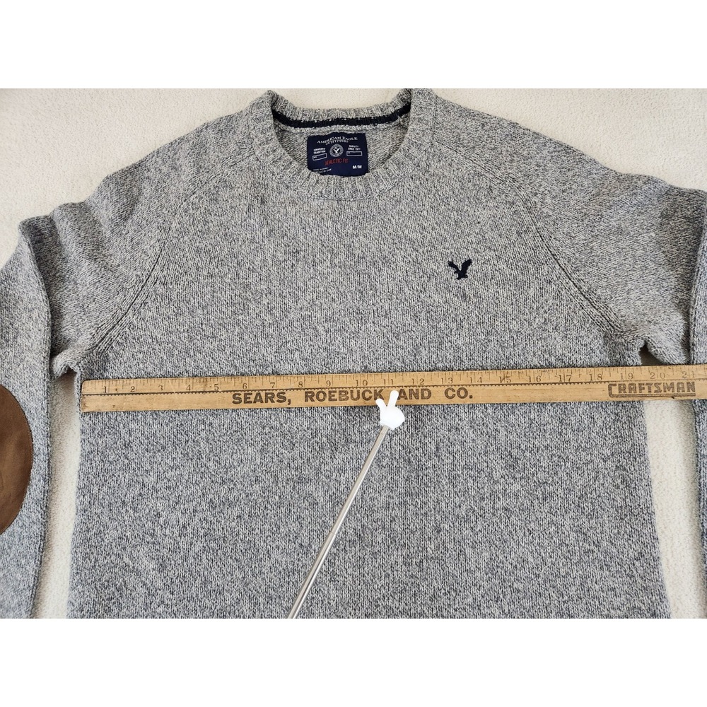 American Eagle Y2K Athletic Fit Crew Neck Sweater Gray w/Elbow Patches Medium - Picture 5 of 7